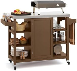 Discover the YITAHOME Solid Wood Outdoor Kitchen Island, a movable grill cart with stainless steel table top, spice rack, and storage cabinet. Perfect for outdoor cooking, this 51.2" x 19.5" x 36.2" island on wheels offers ample space for meals and entertaining.