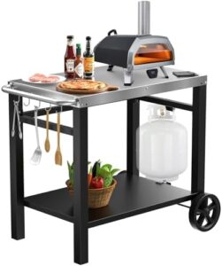 Elevate your outdoor cooking experience with this versatile grill table cart featuring double-shelves and wheels for pizza oven, Ninja Ooni Blackstone Weber Q compatibility. Perfect for food prep and work surfaces. Up to 10% off!
