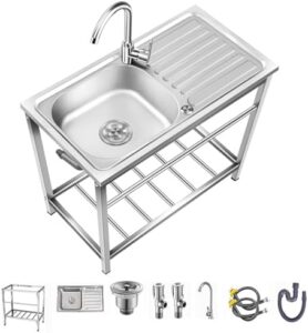 Here is the optimized meta description:

"Upgrade your laundry space with this outdoor utility sink featuring a stainless steel single bowl and storage shelves. Perfect for garage, kitchen, camping, or backyard use."