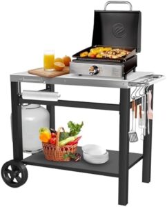Here is the generated meta description:

"Transform your outdoor cooking experience with this versatile grill table featuring a movable cart, pizza oven stand, and double shelves. Perfect for food prep and serving, fits Blackstone Ninja grills."