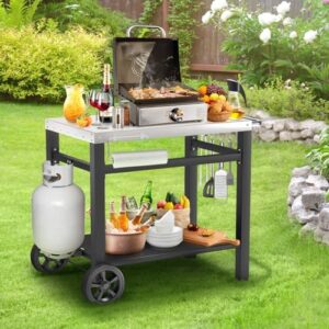 Here is the generated meta description:

"Transform your outdoor cooking experience with this versatile grill table featuring a movable cart, pizza oven stand, and double shelves. Perfect for food prep and serving, fits Blackstone Ninja grills."
