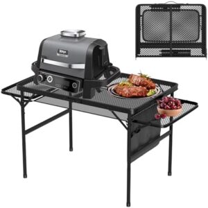 Here is the optimized SEO meta description:

"Compact and portable picnic table with carry handle, ideal for outdoor camping trips. Adjustable height and sturdy metal grid top, perfect for grilling or dining. Great value at a discounted price."