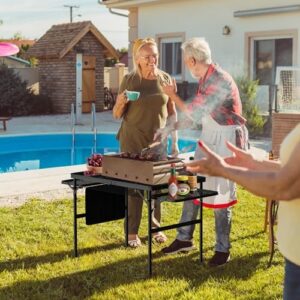 Here is the optimized SEO meta description:

"Compact and portable picnic table with carry handle, ideal for outdoor camping trips. Adjustable height and sturdy metal grid top, perfect for grilling or dining. Great value at a discounted price."