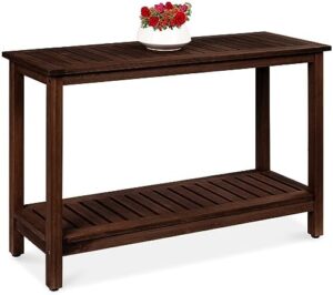 Here is the meta description:

Discover a stylish storage solution with this 2-shelf eucalyptus wooden console table. Perfect for indoor or outdoor use, it features foot sliders and espresso finish.