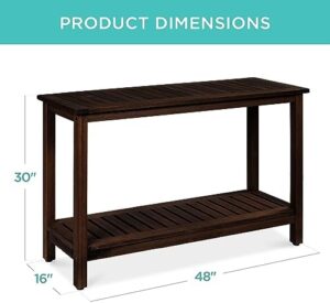 Here is the meta description:

Discover a stylish storage solution with this 2-shelf eucalyptus wooden console table. Perfect for indoor or outdoor use, it features foot sliders and espresso finish.