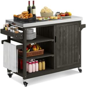Here is the generated SEO meta description:

"Transform your outdoor space with YITAHOME's XL patio bar table featuring a solid wood cabinet, spice rack and lockable wheels. Perfect for patios, gardens and balconies."