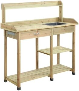 Organize your outdoor gardening space with the Convenience Concepts Deluxe Potting Bench featuring storage shelves and drawer, ideal for backyard, shed or garage use.