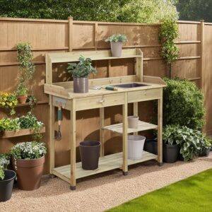 Organize your outdoor gardening space with the Convenience Concepts Deluxe Potting Bench featuring storage shelves and drawer, ideal for backyard, shed or garage use.