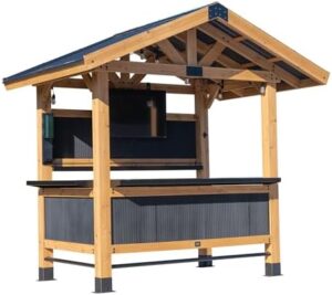 Here is the optimized SEO meta description:

"Host epic outdoor gatherings with the Backyard Discovery Palisade Bar Set, featuring 9x6 ft cedar wood frame, galvanized steel roof, and sturdy shelving for 40+ drinks and snacks. Ideal for patios, decks, or backyards."
