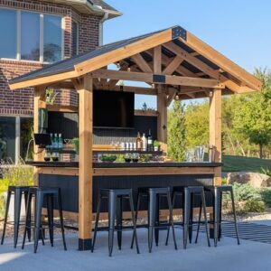Here is the optimized SEO meta description:

"Host epic outdoor gatherings with the Backyard Discovery Palisade Bar Set, featuring 9x6 ft cedar wood frame, galvanized steel roof, and sturdy shelving for 40+ drinks and snacks. Ideal for patios, decks, or backyards."