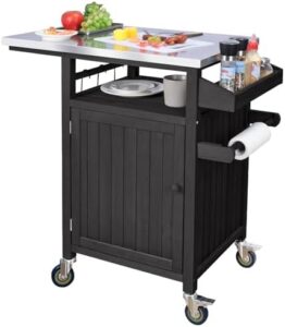Here is the generated meta description:

"Perfect outdoor grilling companion: mobile grill cart with stainless steel top, solid wood prep table and storage, ideal for BBQs and camping adventures. Enhance your outdoor cooking experience."