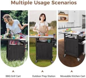 Here is the generated meta description:

"Perfect outdoor grilling companion: mobile grill cart with stainless steel top, solid wood prep table and storage, ideal for BBQs and camping adventures. Enhance your outdoor cooking experience."