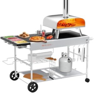 Here is the generated SEO meta description:

"Upgrade outdoor dining with this Pizza Oven Table featuring a topping station and grill cart for Ninja Woodfire Grill, Blackstone Griddle, and more. Perfect for food prep and serving up to 6 people."