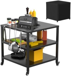Elevate your outdoor cooking experience with the Outdoor Grill Cart, featuring a pizza oven table for Ooni, Blackstone, or Ninja grills. Three-shelf prep and work station with waterproof cover, perfect for messy food prep and serving.