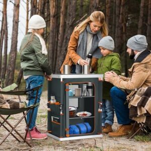 Here is the meta description:

"Upgrade your camping adventures with EAGLE PEAK's portable table featuring 3-tier storage and side pockets. Compact design, easy set up and perfect for outdoor cooking. Limited time offer: get 15% off and enjoy more space!"