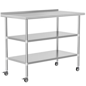 Elevate your workspace with the Stainless Steel Work Table featuring 2 adjustable shelves, backplash and wheels. Perfect for kitchens, garages, laundry rooms or outdoor BBQs, this durable table measures 24" x 48".
