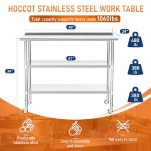 Elevate your workspace with the Stainless Steel Work Table featuring 2 adjustable shelves, backplash and wheels. Perfect for kitchens, garages, laundry rooms or outdoor BBQs, this durable table measures 24" x 48".
