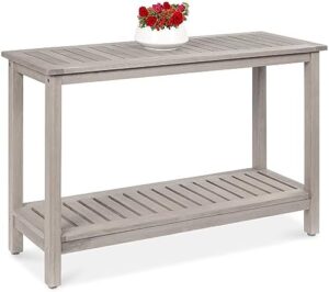 "Add style and functionality to your home with the Best Choice Products 48in eucalyptus wooden console table, featuring 2 shelves and foot sliders. Perfect for indoor or outdoor use."