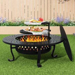 Here is the generated meta description:

"Enhance outdoor gatherings with this 43 Inch Fire Pit featuring 2 grill options and a metal round table. Perfect for backyard picnics, camping, or bonfires, its wood-burning design keeps you cozy."