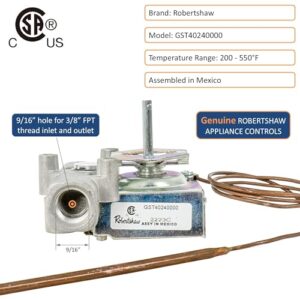 Optimize your kitchen temperature control with Robertshaw's GST40240000 gas oven thermostat, featuring a 3/8” FPT thread and temperature range of 220-550°F, ideal for precise heat management.