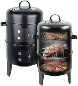 Explore the art of slow-cooked flavors with this 18 Inch Multi-Layer Steel Charcoal Smoker Grill, featuring a 3IN1 design, built-in thermometer, and adjustable vent system. Perfect for camping or home parties.