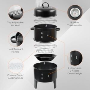 Explore the art of slow-cooked flavors with this 18 Inch Multi-Layer Steel Charcoal Smoker Grill, featuring a 3IN1 design, built-in thermometer, and adjustable vent system. Perfect for camping or home parties.