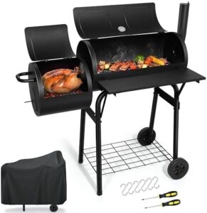 "Upgrade your outdoor grilling experience with the Joyfair Charcoal Grill featuring an offset smoker and protective cover. Heavy-duty steel construction and dual chamber design for efficient smoking and grilling, plus thermometer included."