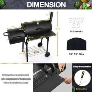 "Upgrade your outdoor grilling experience with the Joyfair Charcoal Grill featuring an offset smoker and protective cover. Heavy-duty steel construction and dual chamber design for efficient smoking and grilling, plus thermometer included."