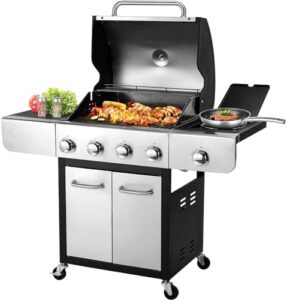"Sear up a backyard barbecue experience with the Mamizo 4-Burner Outdoor Propane Gas Grill. Boasting 40,000 BTU output and 12,000 BTU side burner, this stainless steel BBQ grill features thermometer and caster for easy outdoor cooking, patio, and camping."