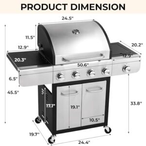"Sear up a backyard barbecue experience with the Mamizo 4-Burner Outdoor Propane Gas Grill. Boasting 40,000 BTU output and 12,000 BTU side burner, this stainless steel BBQ grill features thermometer and caster for easy outdoor cooking, patio, and camping."