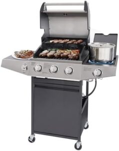 Savor outdoor gatherings with the Unovivy 3-Burner Propane Gas Grill featuring a side burner and oil tray, perfect for camping, patios, or backyard BBQs.