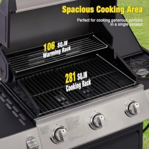 Savor outdoor gatherings with the Unovivy 3-Burner Propane Gas Grill featuring a side burner and oil tray, perfect for camping, patios, or backyard BBQs.