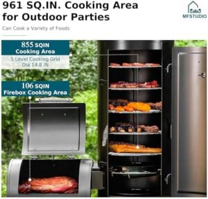 Here is the optimized SEO meta description:

"Upgrade your outdoor cooking with the MFSTUDIO Vertical Offset Smoker Charcoal Grill. Features extra large BBQ barrel grills, drum smoker combo and 5 removable grates for smoking and barbecue cooking. Perfect for large gatherings."