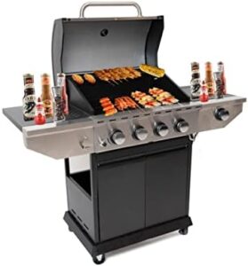 "Enjoy outdoor gatherings with the 4 Burner BBQ Propane Gas Grill featuring a stainless steel cart style, side table, and thermometer. Perfect for patios, gardens, or backyard barbecues."