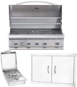 Enhance your outdoor gatherings with the Bullet by Bull Stainless Steel Outdoor Kitchen Set, featuring a built-in natural gas grill, double access door, and side burner. Perfect for entertaining!