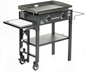 "Master outdoor cooking with the 1853 Flat Top Gas Grill, featuring 2 burners, propane fuelled and a rear grease management system. Perfect for camping, this 28-inch griddle station includes a built-in cutting board and garbage holder."