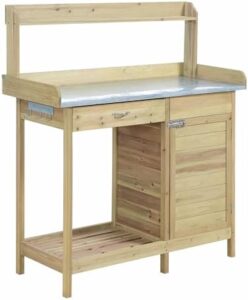 Organize your garden space with Convenience Concepts' Deluxe 1 Drawer Potting Bench featuring storage cabinet and shelves in natural fir design, perfect for small gardening needs.