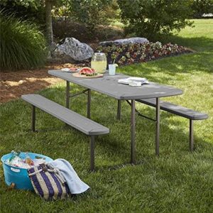 Here is the optimized SEO meta description:

"Elevate outdoor gatherings with the COSCO Outdoor Living 6 ft. Folding Picnic Table, featuring durable dark gray wood grain resin and sturdy gray steel legs for easy setup and storage."