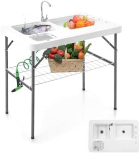 Here is the generated SEO meta description:

"Revolutionize your outdoor cooking experience with the VINGLI Folding Fish Cleaning Table, featuring 2 sinks, a grid rack & sprayer, and stainless steel faucet for patio, backyard BBQ convenience"