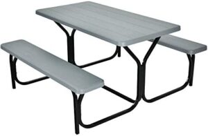 Enhance your outdoor gatherings with the Giantex Picnic Table Bench Set, featuring a metal base and wood-like texture. Perfect for camping, poolside dining, or backyard parties, this set seats adults comfortably.