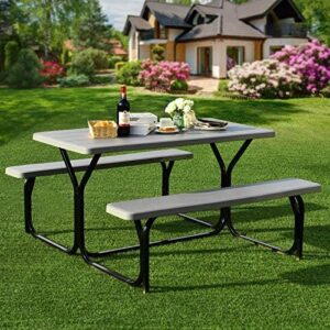 Enhance your outdoor gatherings with the Giantex Picnic Table Bench Set, featuring a metal base and wood-like texture. Perfect for camping, poolside dining, or backyard parties, this set seats adults comfortably.