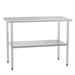 Transform your food prep and work experience with this stainless steel utility table featuring an adjustable undershelf for maximizing kitchen or garage space. Perfect for outdoor BBQs, laundry, or commercial use.