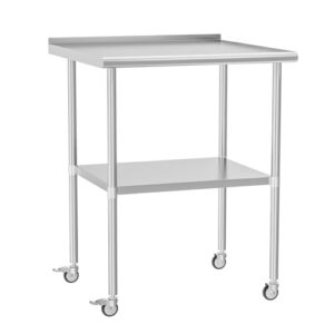 Boost kitchen efficiency with this stainless steel table featuring wheels, a backsplash, and adjustable undershelf. Perfect for food prep, outdoor events, or commercial use, measures 30x30 inches.