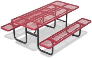Here is the optimized meta description:

"Upgrade your outdoor gatherings with this sturdy steel picnic table featuring an umbrella hole and commercial-grade design for gardens and courtyards. Dimensions: 72'' x 42''. Perfect for BBQs and social events."