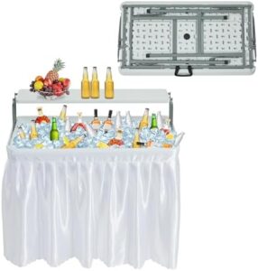 Here is the optimized meta description:

Stay cool and organized outdoors with this portable ice cooler table featuring a removable matching skirt and folding design, perfect for camping trips and backyard gatherings.