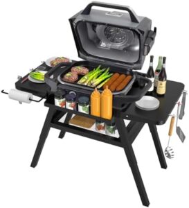Unlock the ultimate grilling experience with Ninja Woodfire's adjustable grill stand. Perfect for OG700, OG800, and OG900 series pizza ovens, this portable cart table features a folding shelf for extra storage.