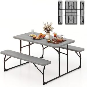 Elevate your outdoor gatherings with the Tangkula Folding Picnic Table featuring 2 benches and a steel frame. Enjoy picnic, party or BBQ in style, with a plastic wood-like texture tabletop that's perfect for any setting.