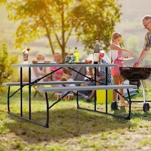 Elevate your outdoor gatherings with the Tangkula Folding Picnic Table featuring 2 benches and a steel frame. Enjoy picnic, party or BBQ in style, with a plastic wood-like texture tabletop that's perfect for any setting.
