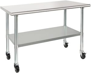 Get a commercial-grade work table that withstands heavy use! Our HARDURA Stainless Steel Table features 24 x 48 inches of durable surface space, casters for easy mobility and an undershelf for storage.