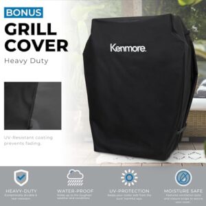 Here is the optimized SEO meta description:

"Upgrade your outdoor cooking experience with this Kenmore 3-Burner Propane BBQ Grill featuring 30,000 BTUs gas power, cast iron grates, and convenient folding tables. Bonus cover included!"